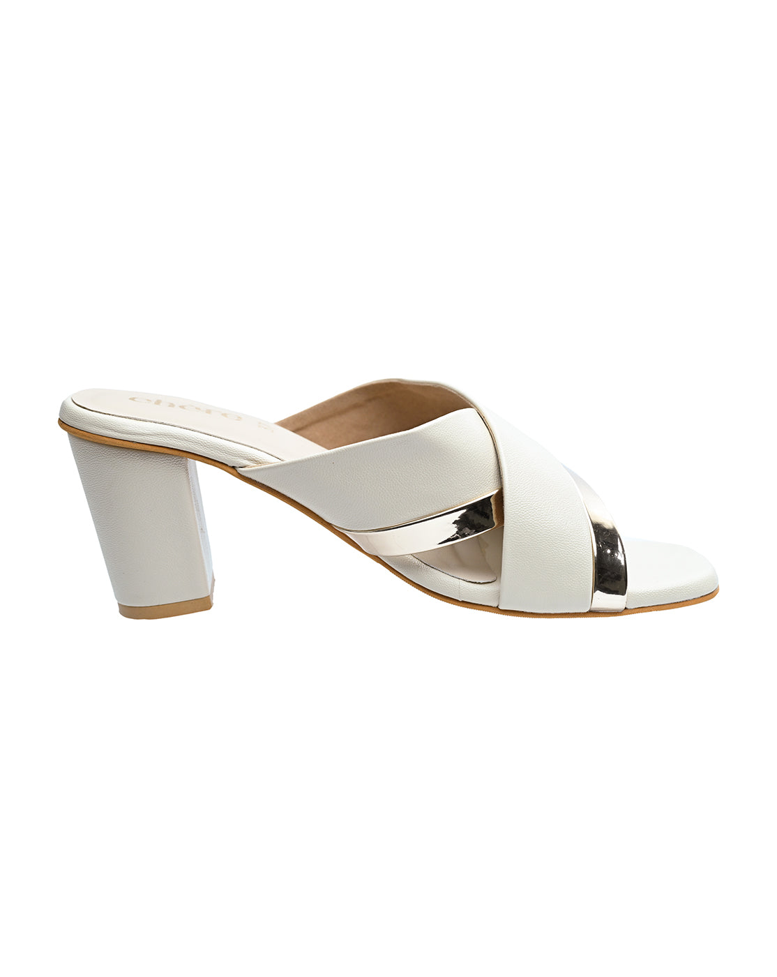 Chere Women’s Beige &amp; Silver Strap Block Heel  | Chic Women's Slides