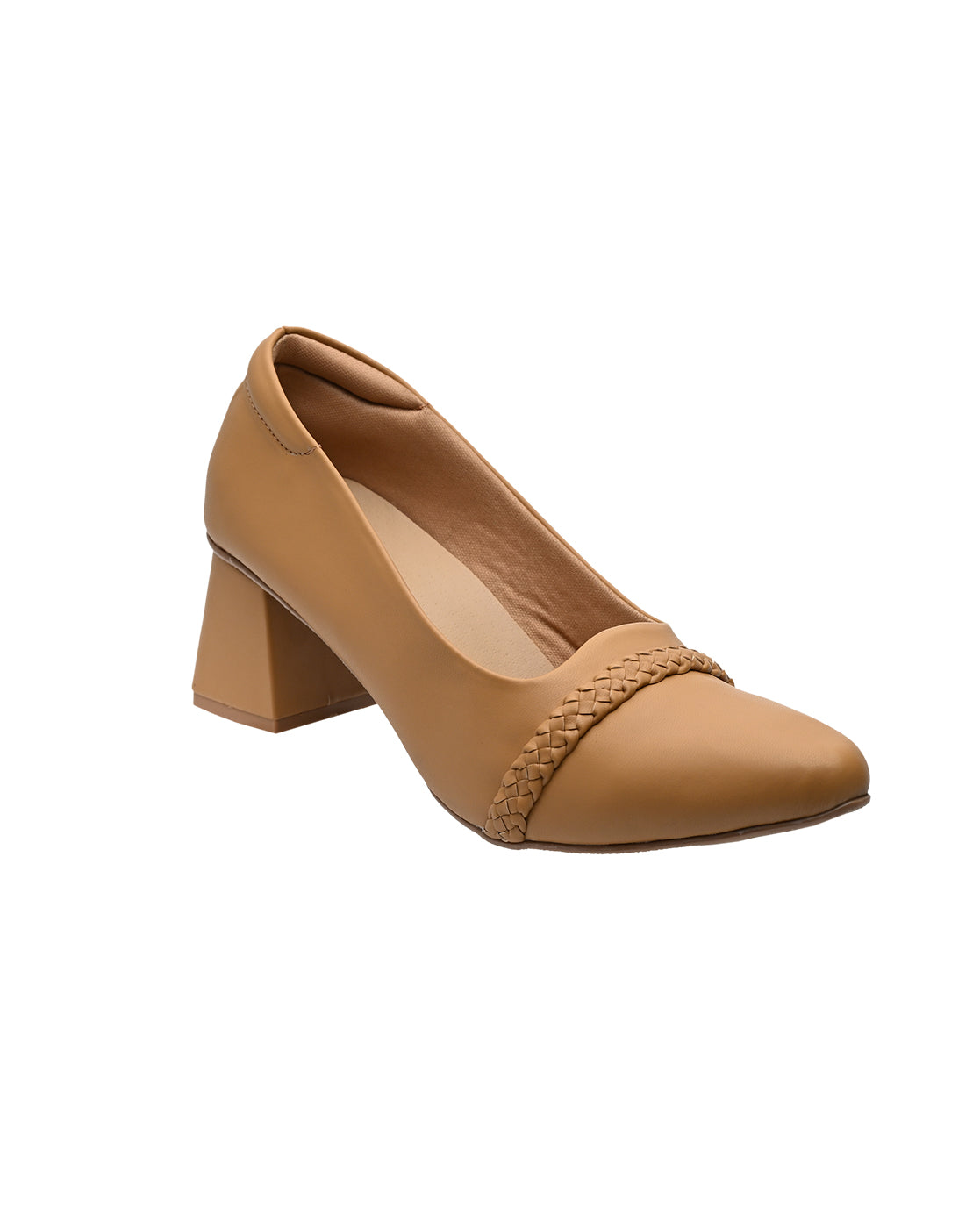 Tan Block Heel Loafers for Women | Braided Strap Office Formal Pumps