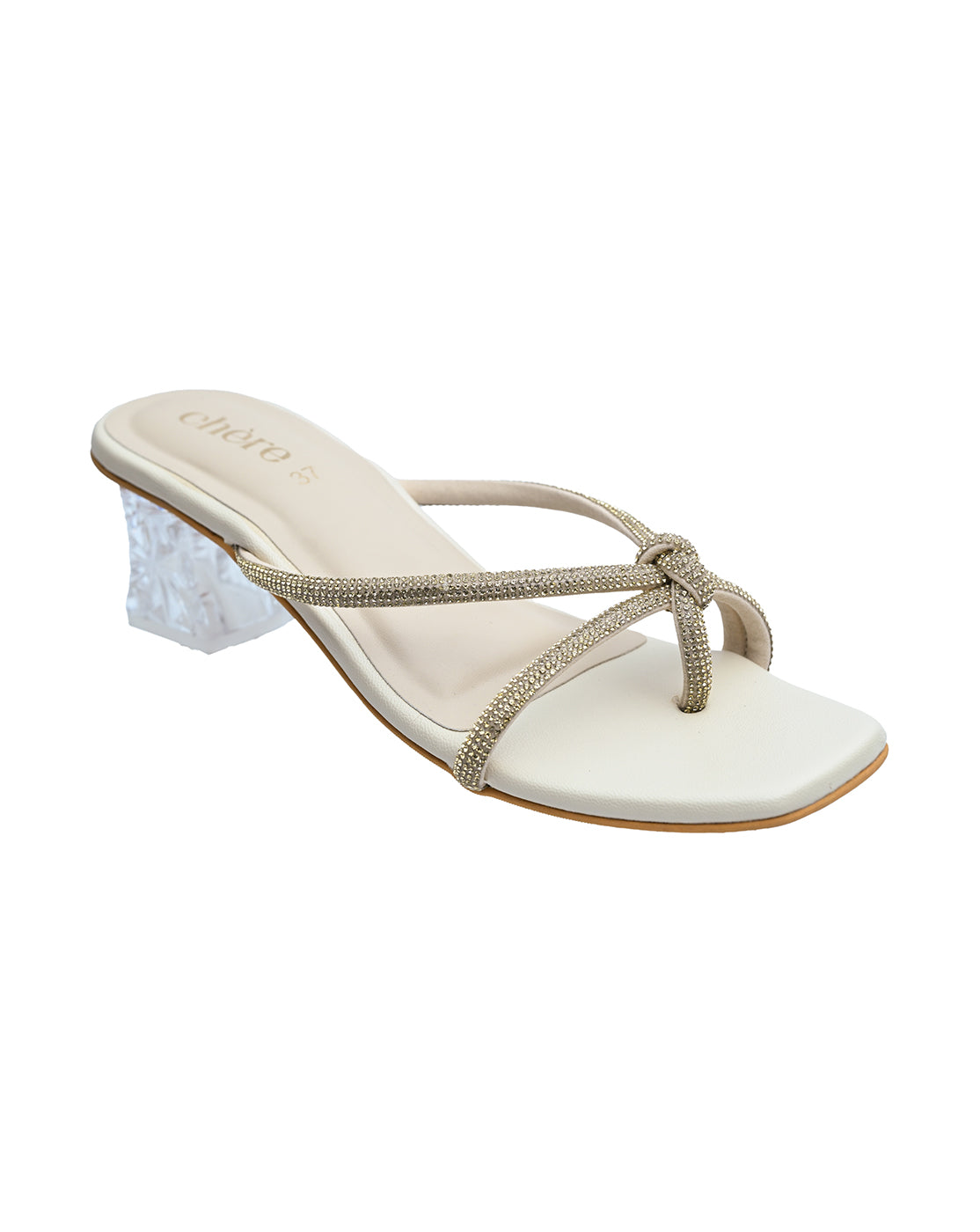 Ivory Transparent Block Heel Sandals for Women | Elegant Knot Strap Party Footwear