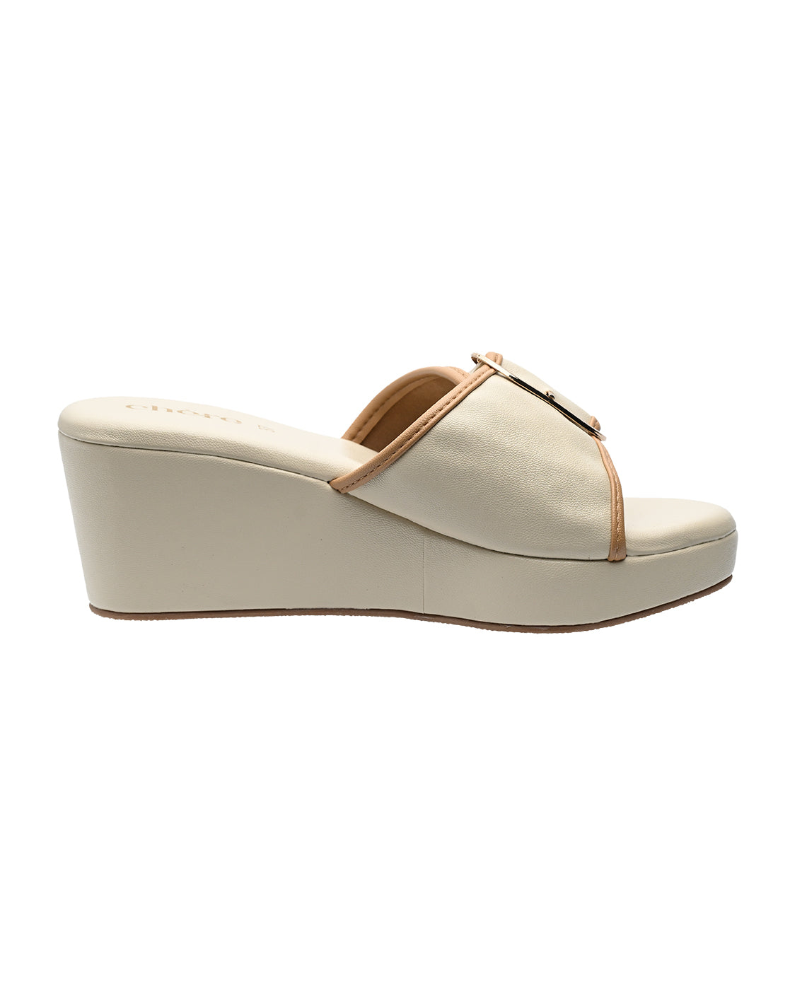 Beige Buckle Strap Wedge Slides for Women | Trendy Casual Platform Footwear