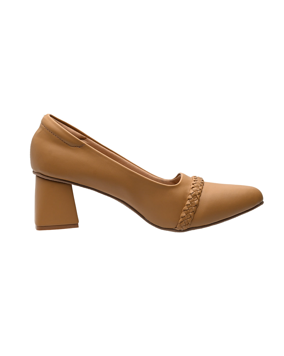 Tan Block Heel Loafers for Women | Braided Strap Office Formal Pumps