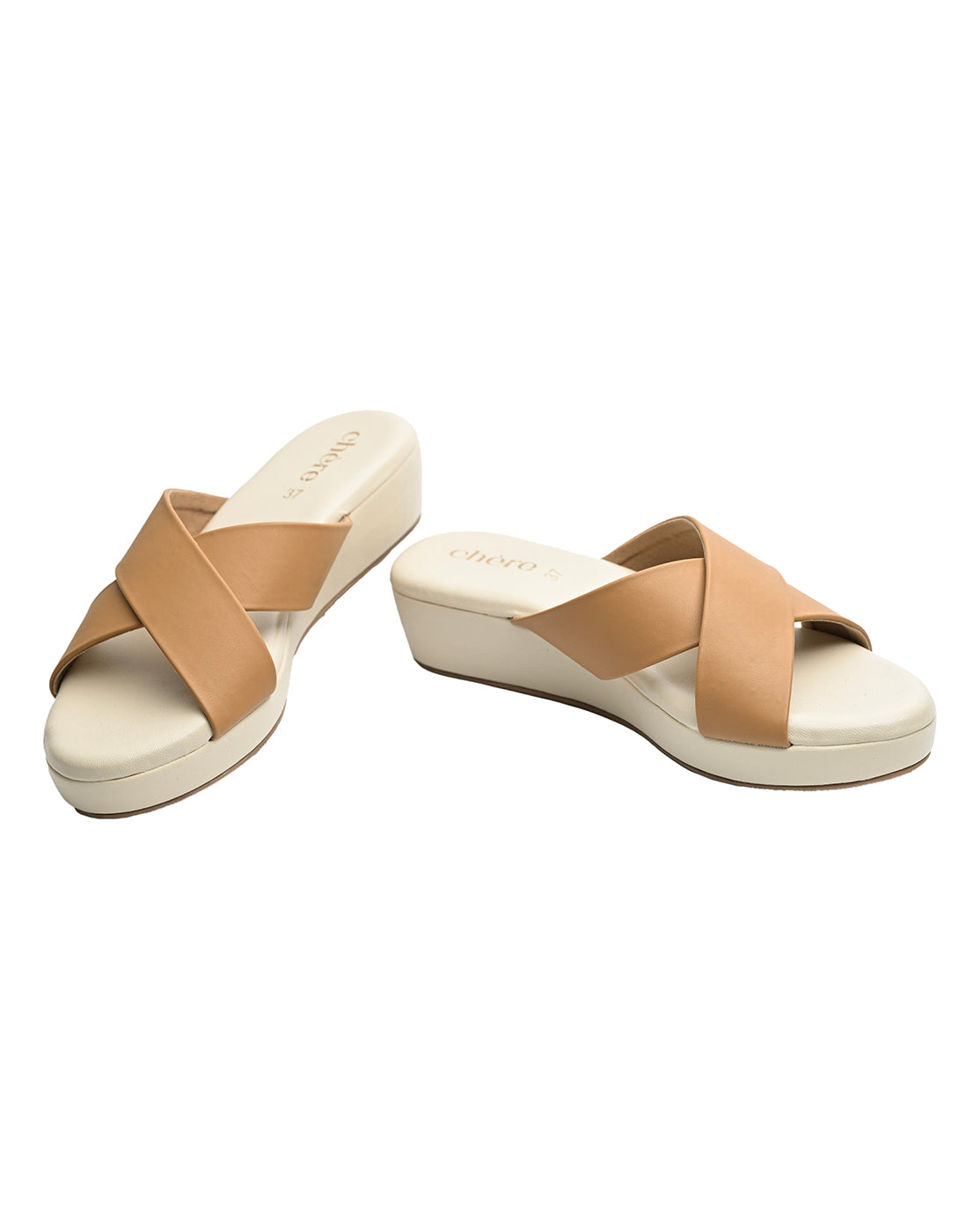 Tan & Beige Cross-Strap Wedge Slides for Women | Daily Comfort & Travel Friendly