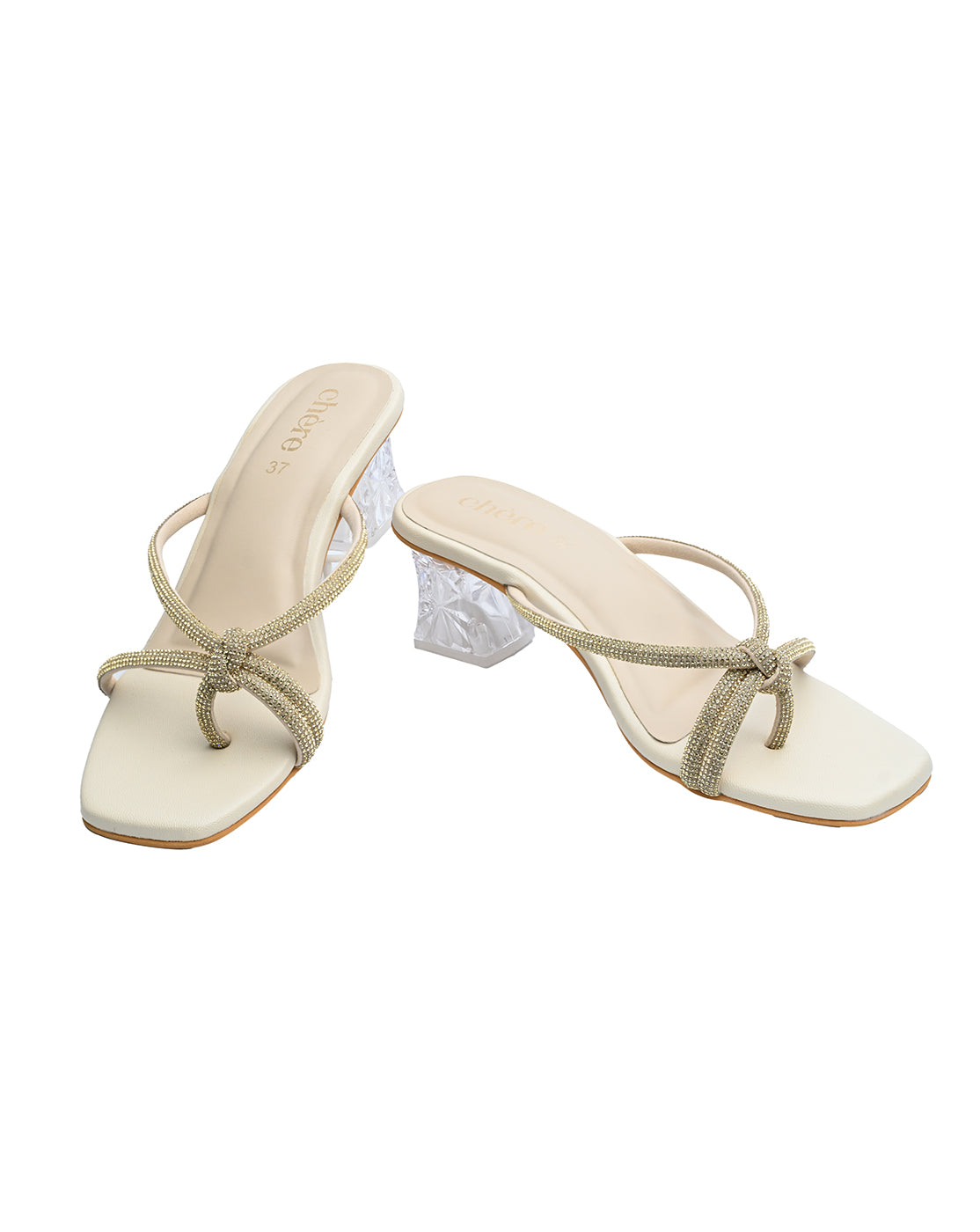 Ivory Transparent Block Heel Sandals for Women | Elegant Knot Strap Party Footwear