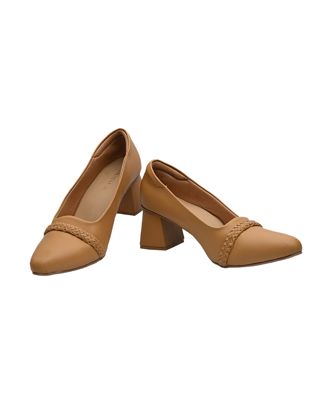 Tan Block Heel Loafers for Women | Braided Strap Office Formal Pumps