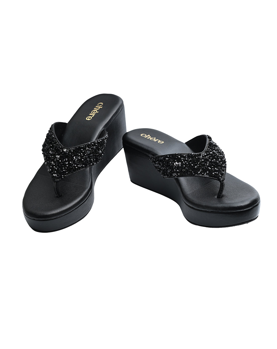 Chere Women’s Black Glitter Wedge Heel Flip-Flops
