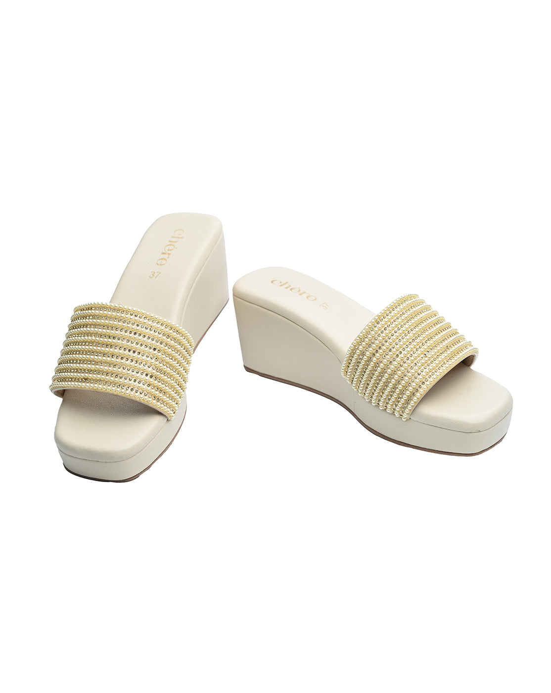 Golden Embellished Wedge Sandals | Elegant Party Wear Women's Heels
