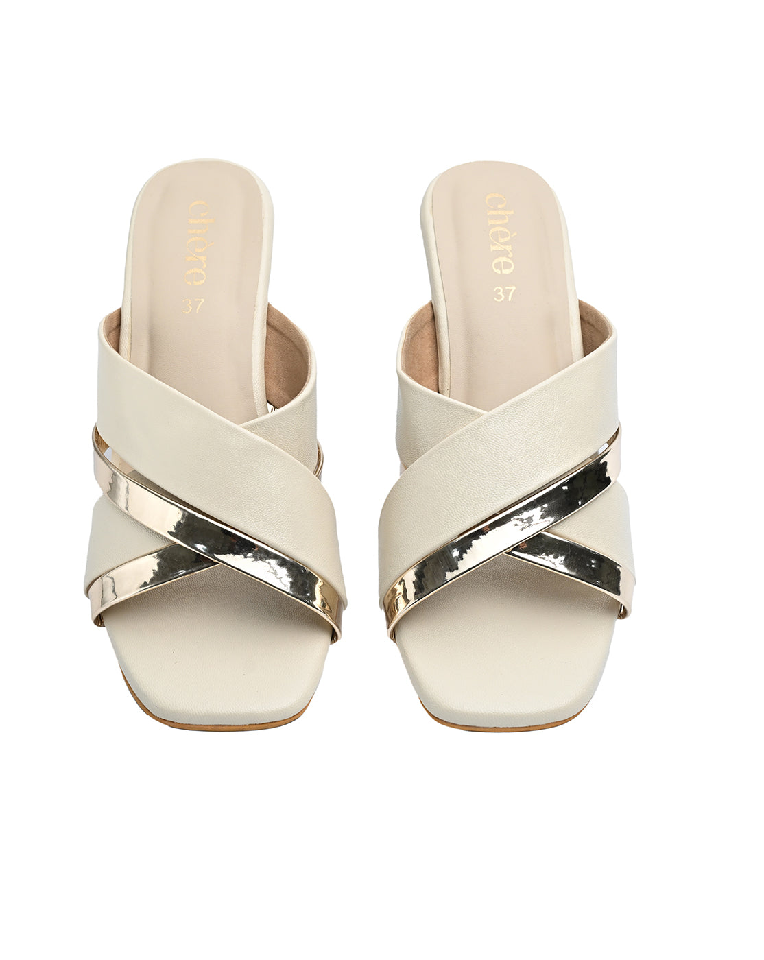 Chere Women’s Beige &amp; Silver Strap Block Heel  | Chic Women's Slides