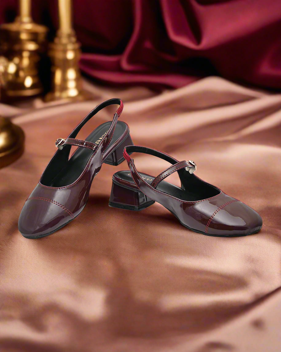 Burgundy Patent Leather Square Toe Mary Jane Block Heels | Retro Chic Women's Pumps