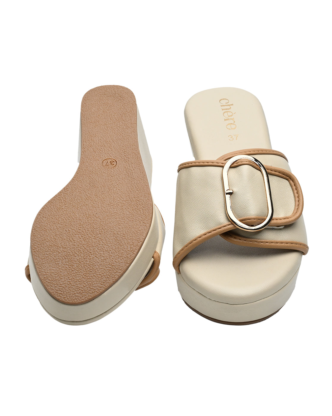 Beige Buckle Strap Wedge Slides for Women | Trendy Casual Platform Footwear