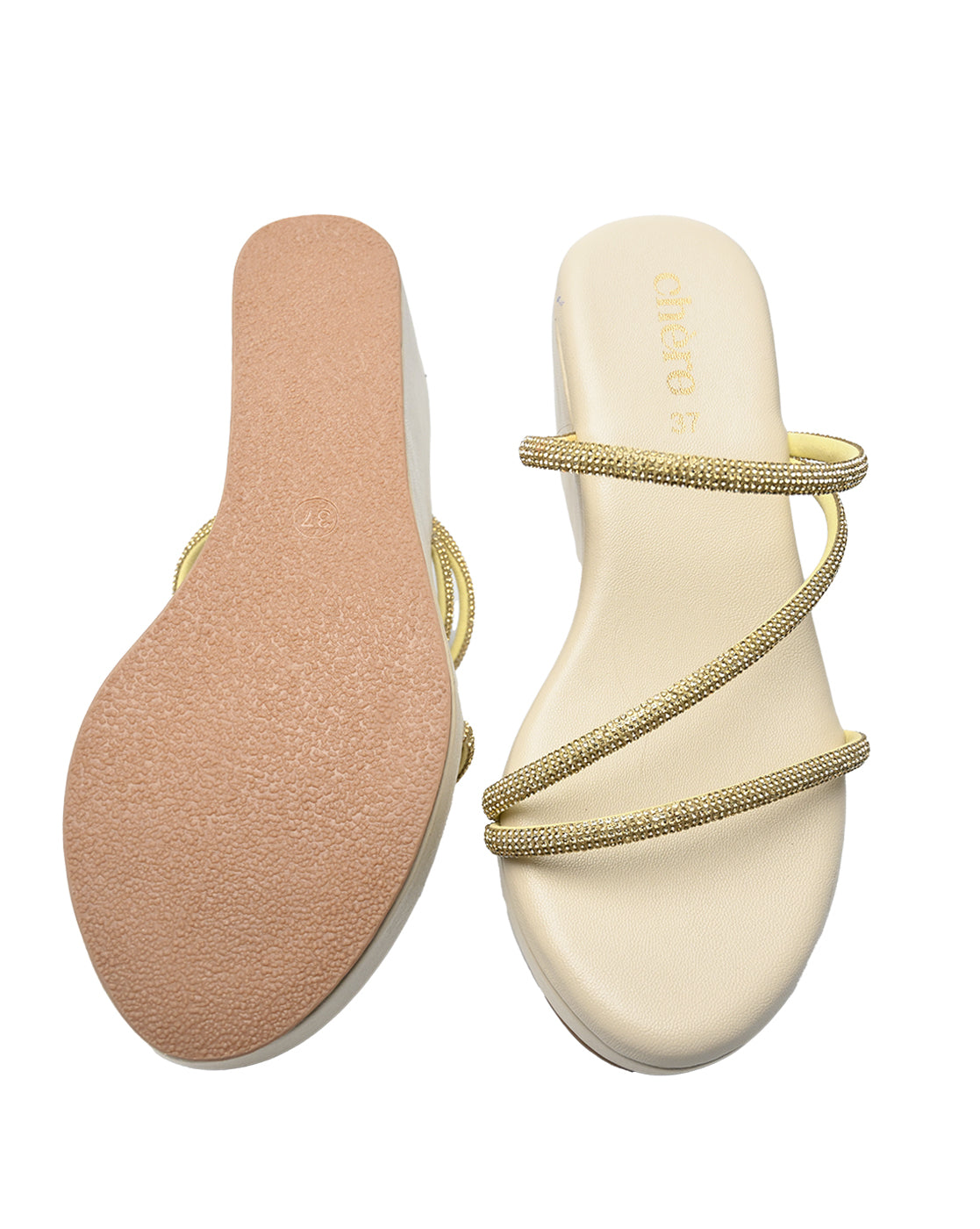 Chere Gold Embellished Strap Wedge Sandals