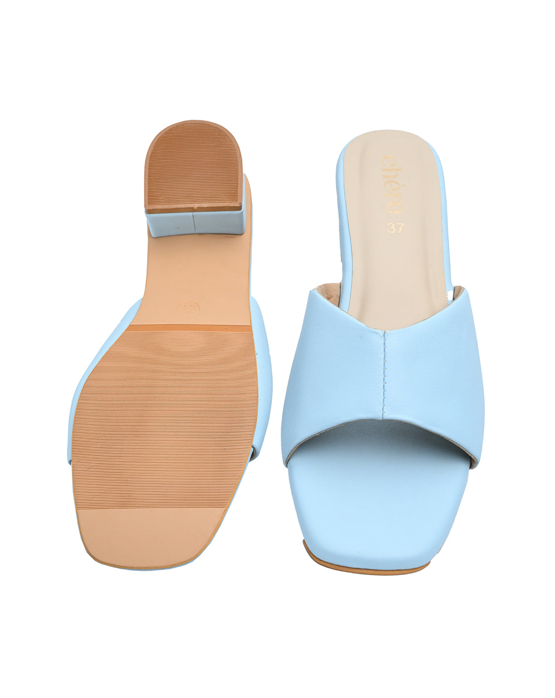 Chere Light Blue Square Toe Block Heel Mules | Trendy Women's Casual Heels
