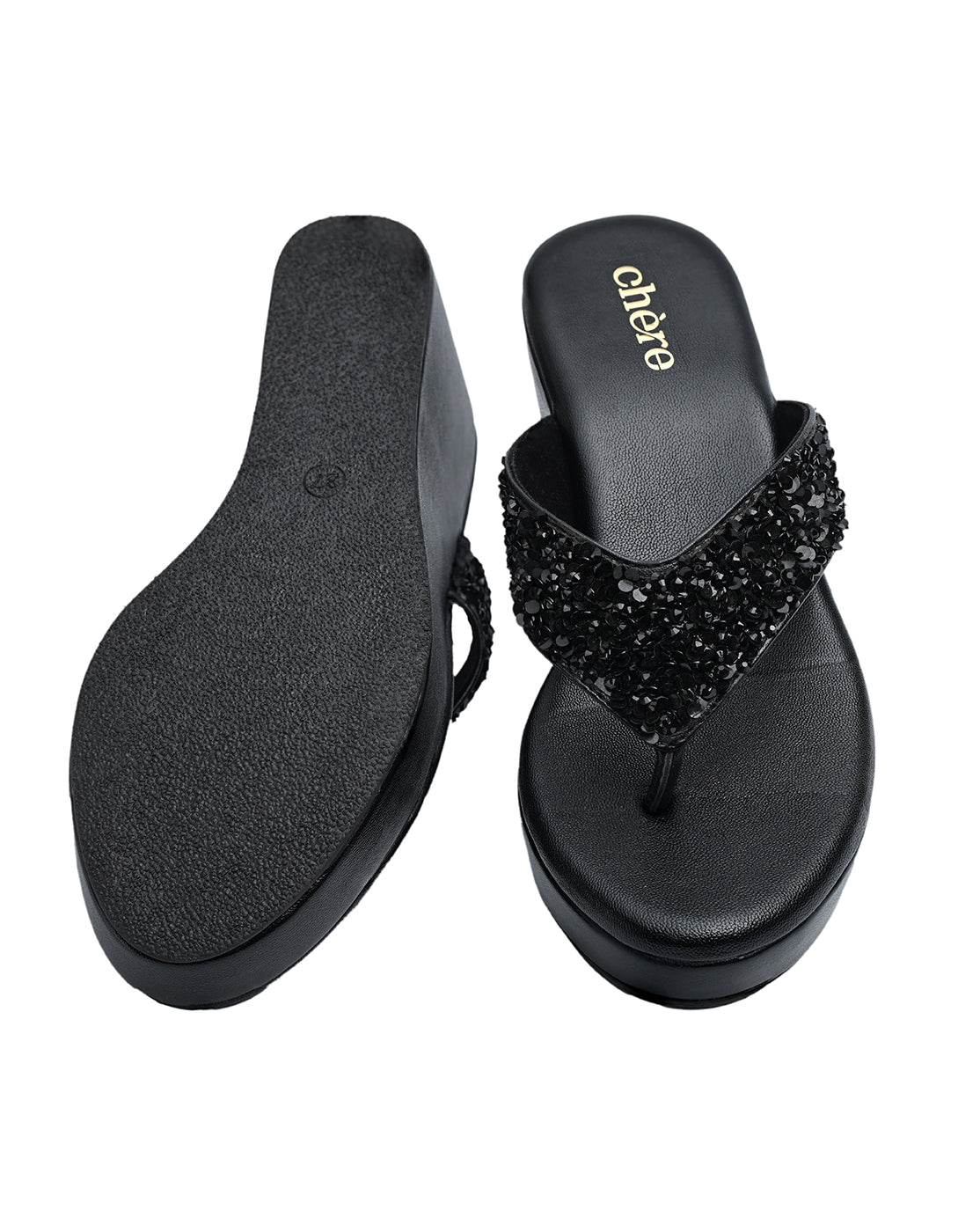 Chere Women’s Black Glitter Wedge Heel Flip-Flops