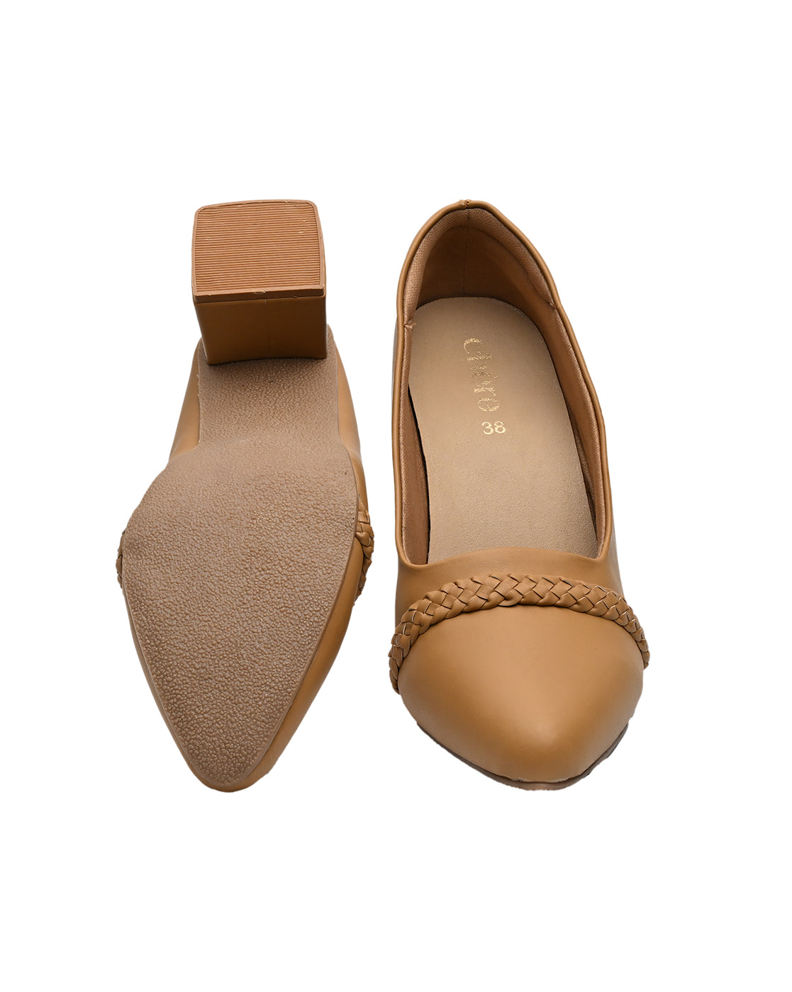 Tan Block Heel Loafers for Women | Braided Strap Office Formal Pumps