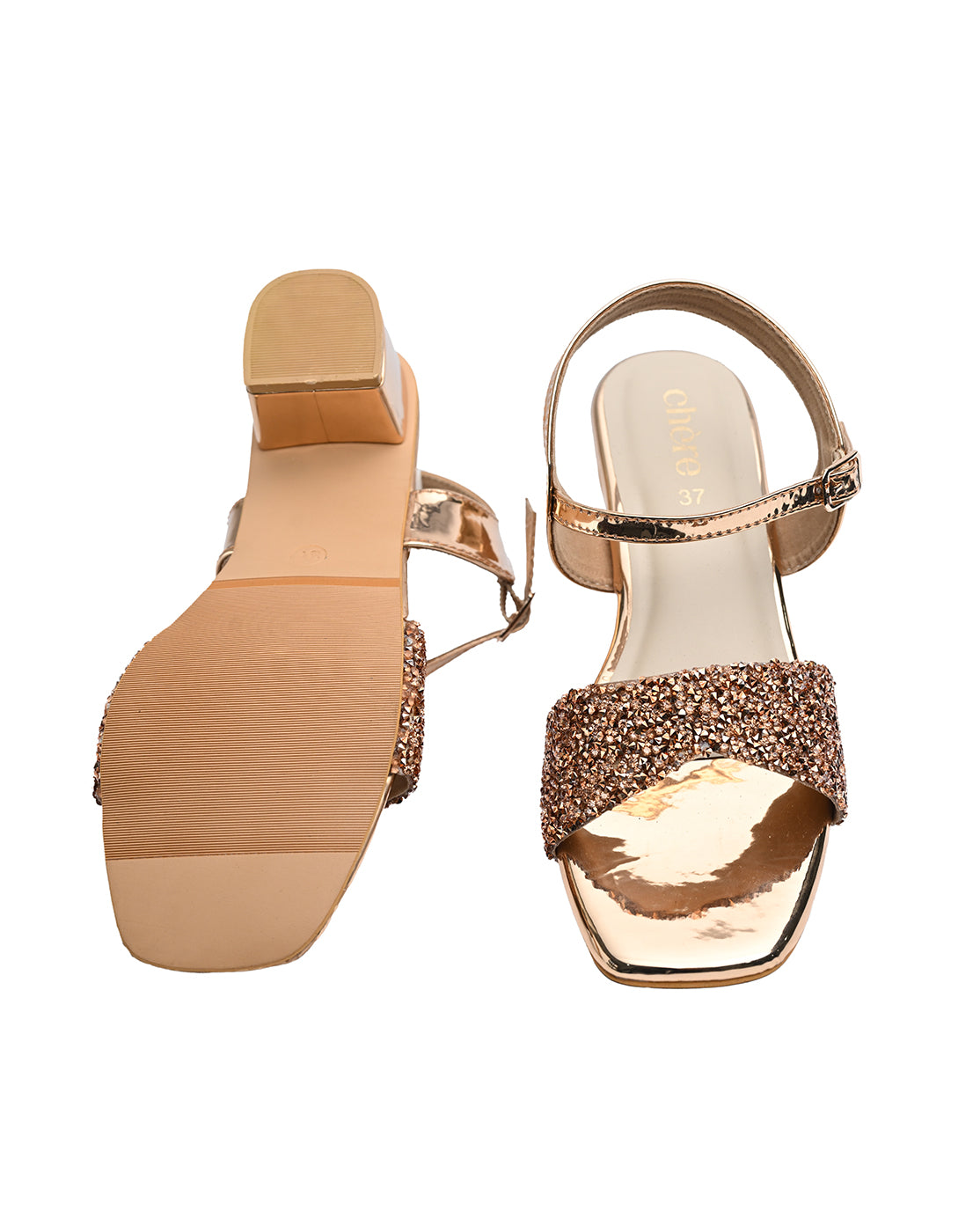 Rose Gold Glitter Block Heels for Women | Party Wear Sandals with Metallic Finish