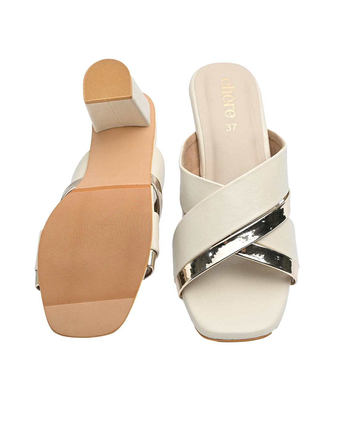 Chere Women’s Beige &amp; Silver Strap Block Heel  | Chic Women's Slides