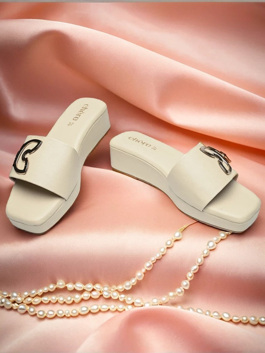 Chere Chain Accent Beige Wedge Sandals