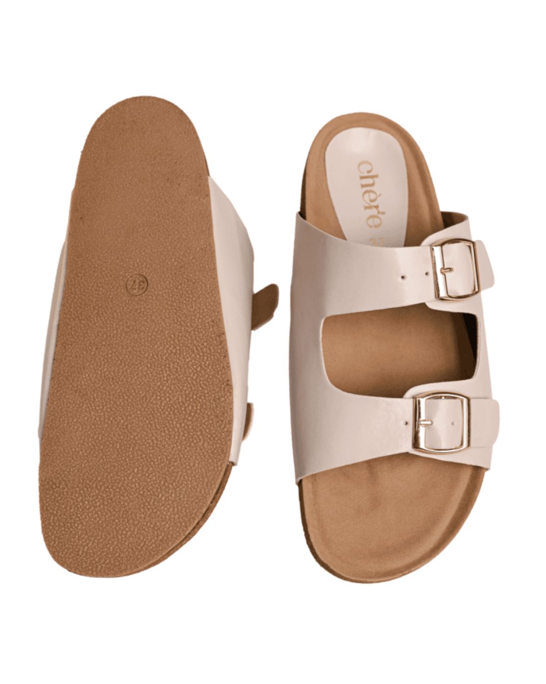 Chere Women’s Beige Double Buckle Slip-On Sandals – Elegant & Comfy Casual Wear