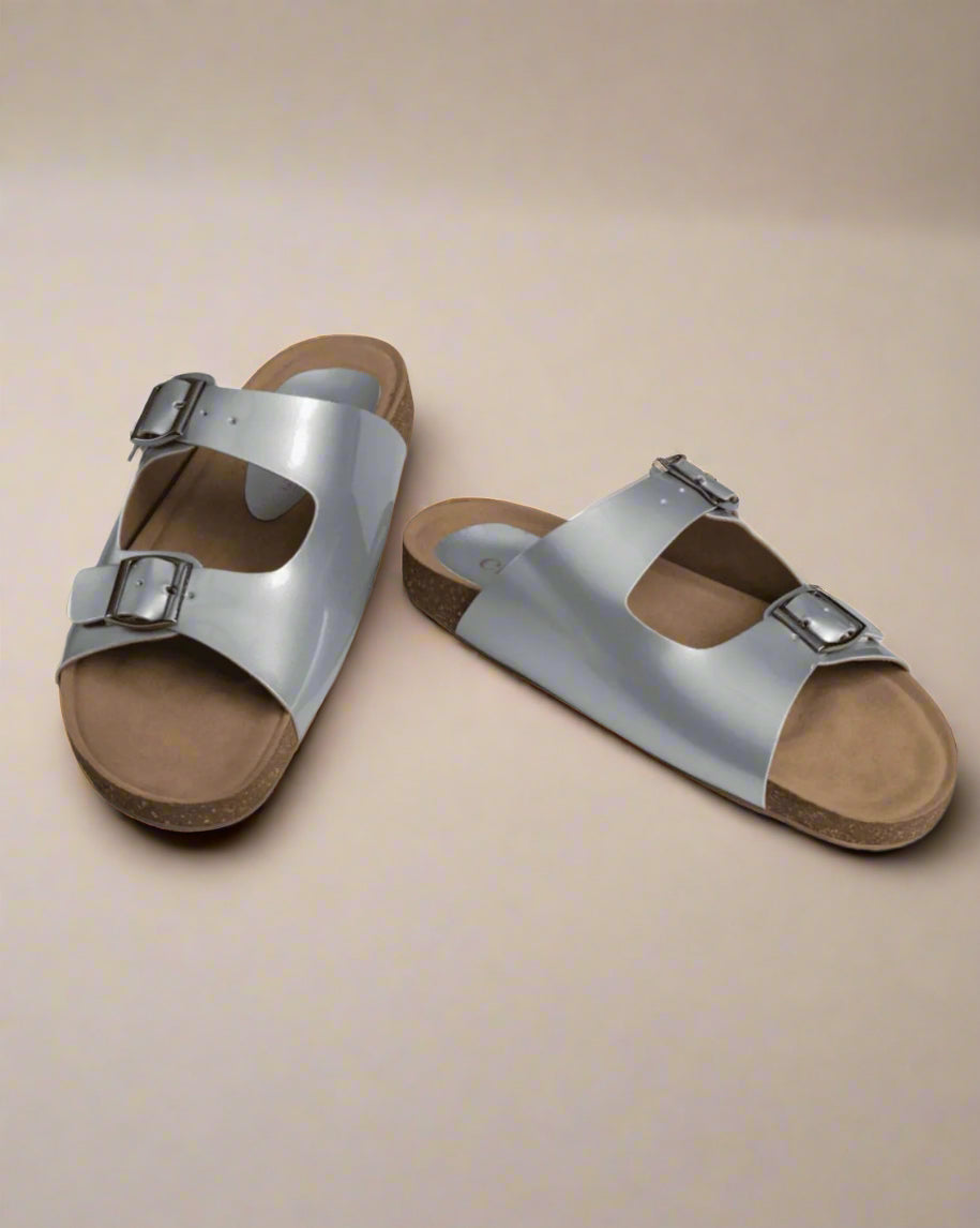 Chere Women’s Beige Double Buckle Slip-On Sandals – Elegant & Comfy Casual Wear