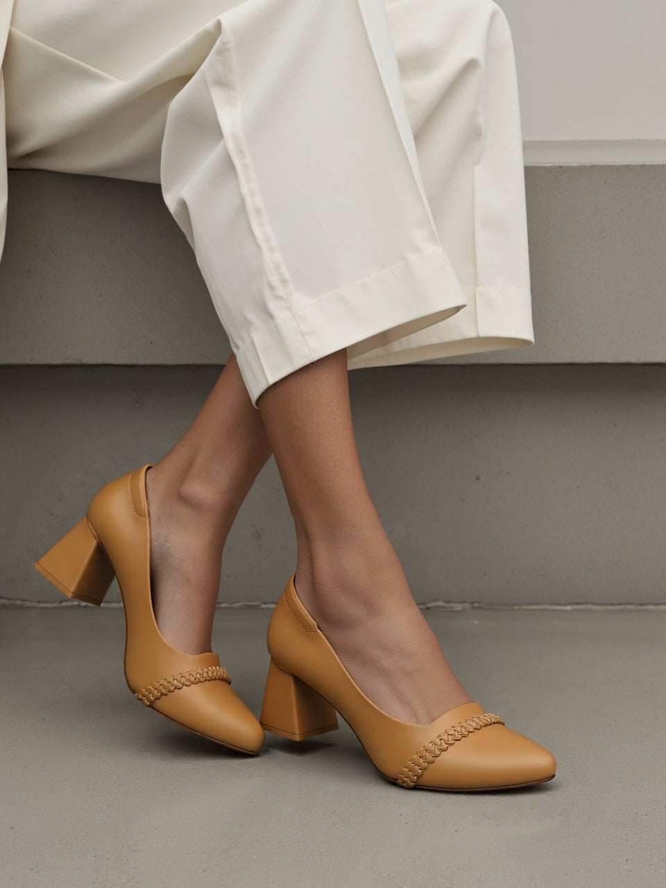 Tan Block Heel Loafers for Women | Braided Strap Office Formal Pumps