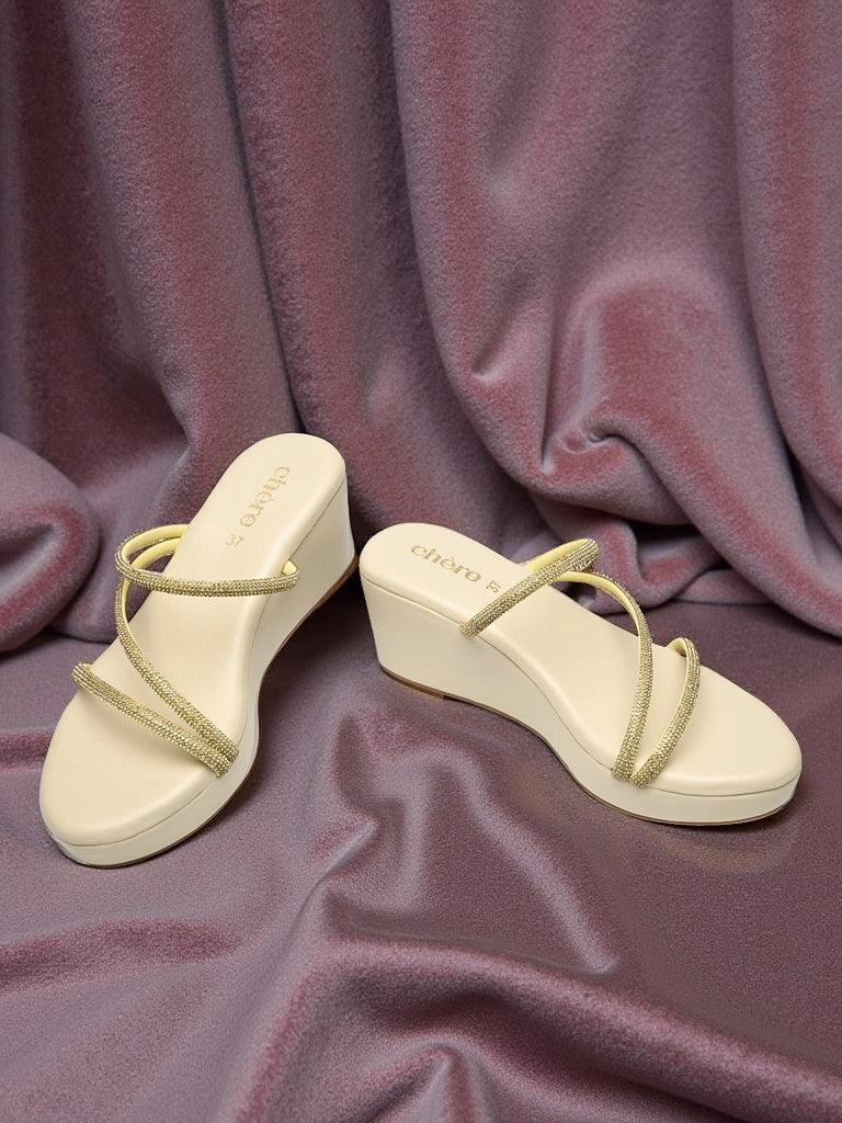 Chere Gold Embellished Strap Wedge Sandals
