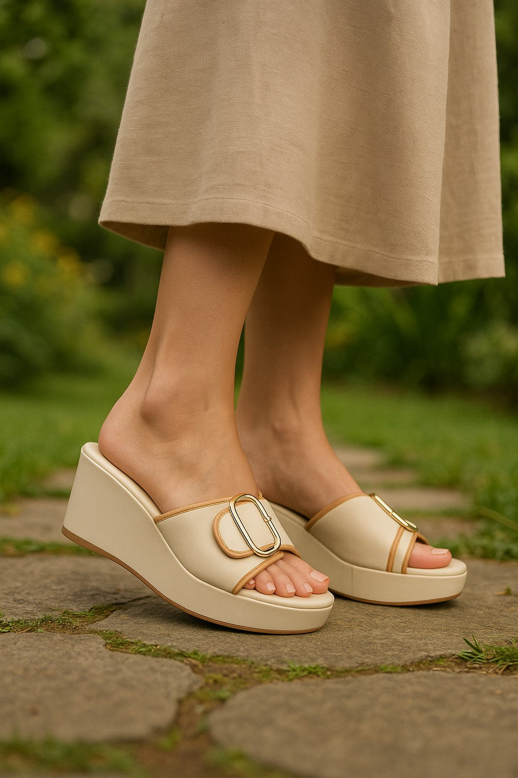Beige Buckle Strap Wedge Slides for Women | Trendy Casual Platform Footwear