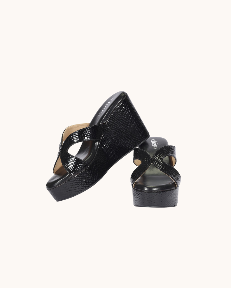 Black Premium Dual Strap High Heel Wedges