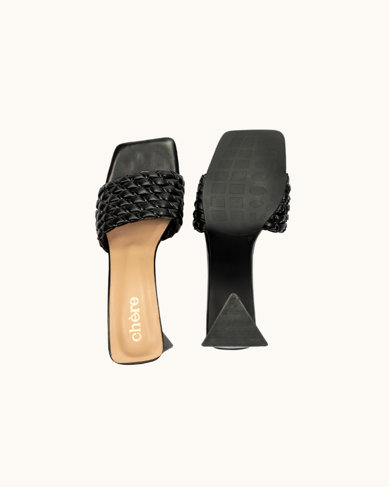 Black Weaving Strap Triangular Block Heels: Chere Footwear