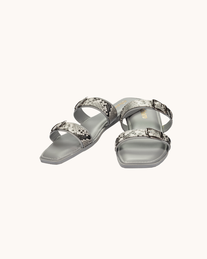 Grey Casual Double Buckle Strap Flats