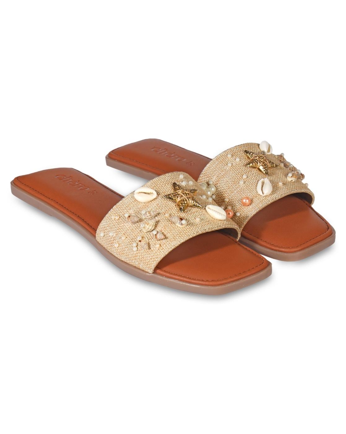 Brown Sea Shell Embellished Vacay Flats: Chere Footwear