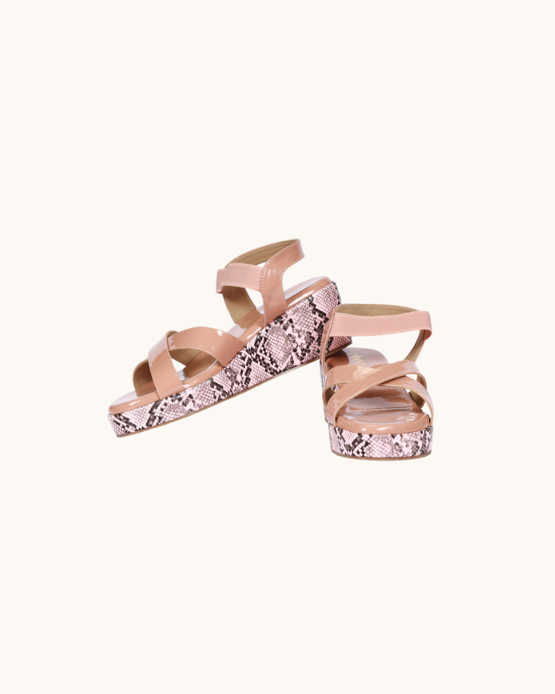 Casual Peach Multistrap Snakeprint Wedges