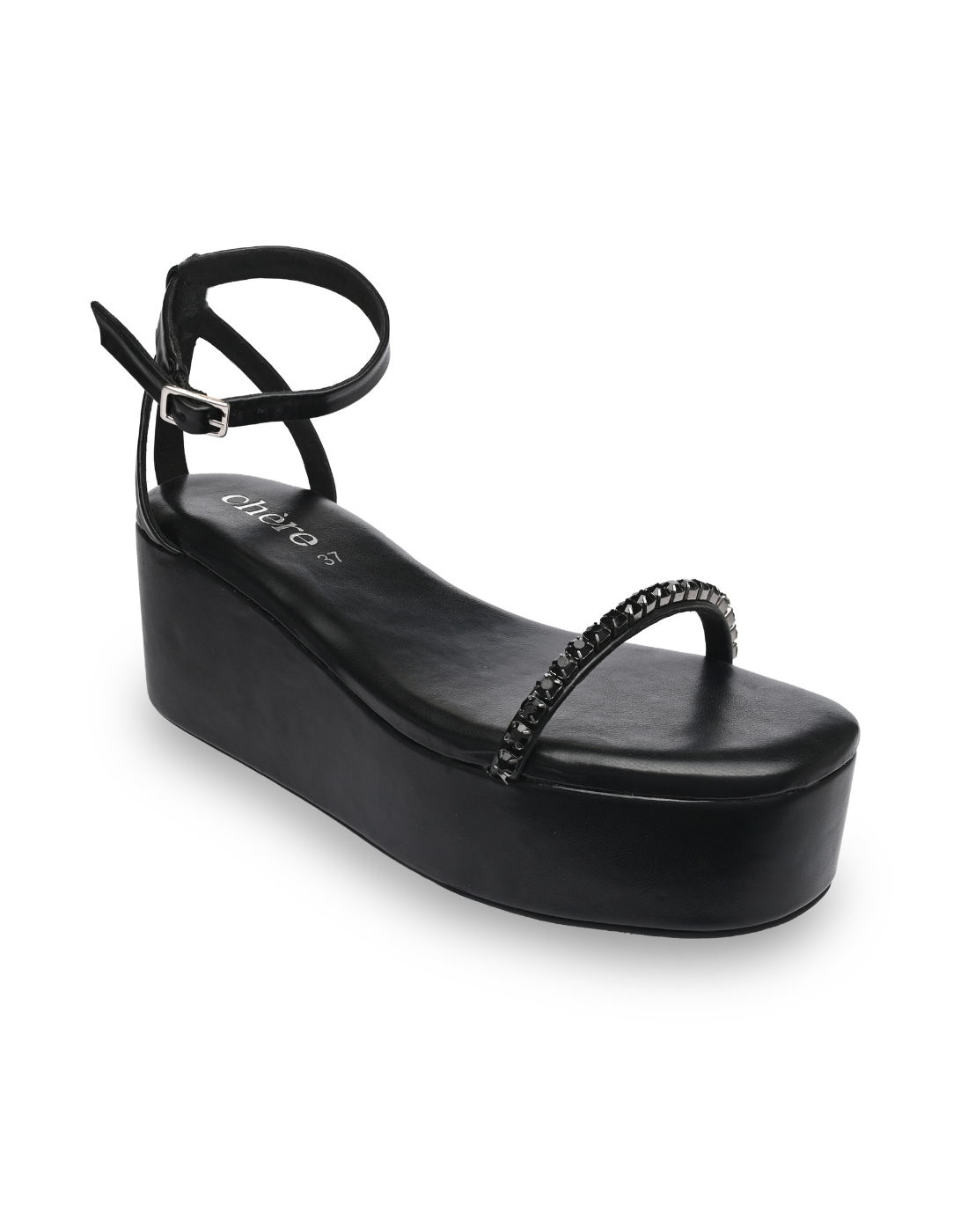 Black Embellished Ankle Strap Wedges