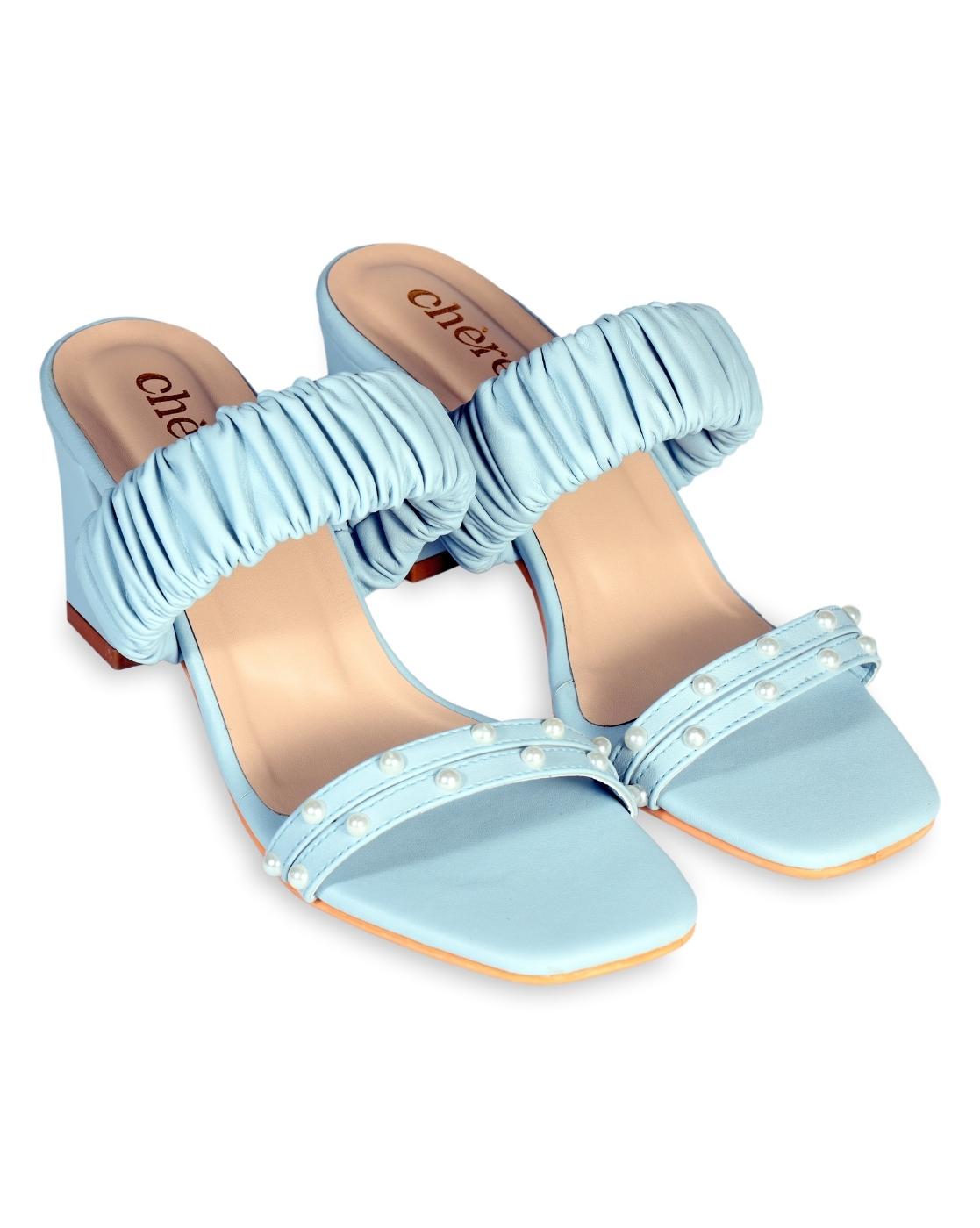 Pastel Blue Pearl Strap Block Heels