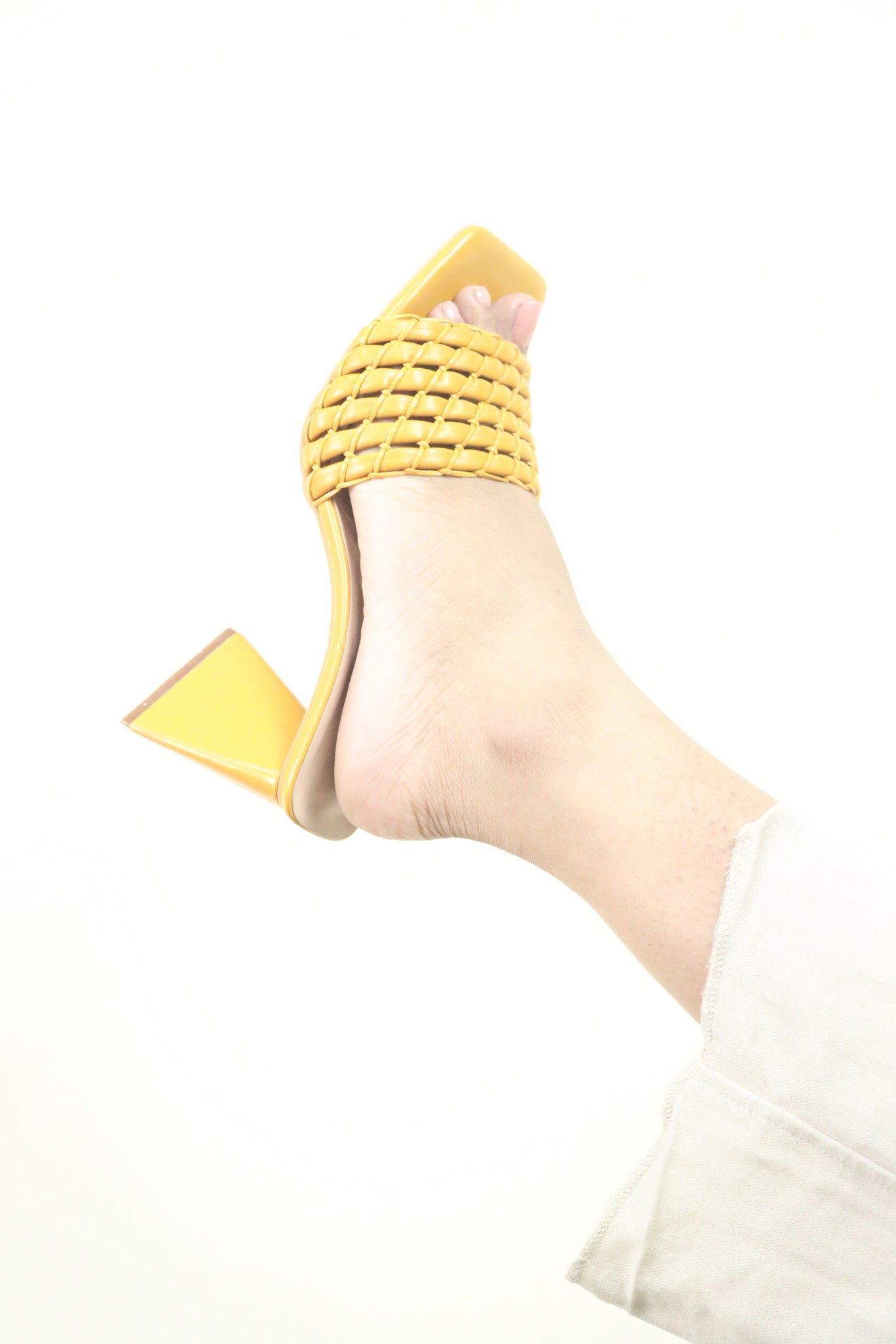 Yellow Weaving Strap Triangular Block Heels
