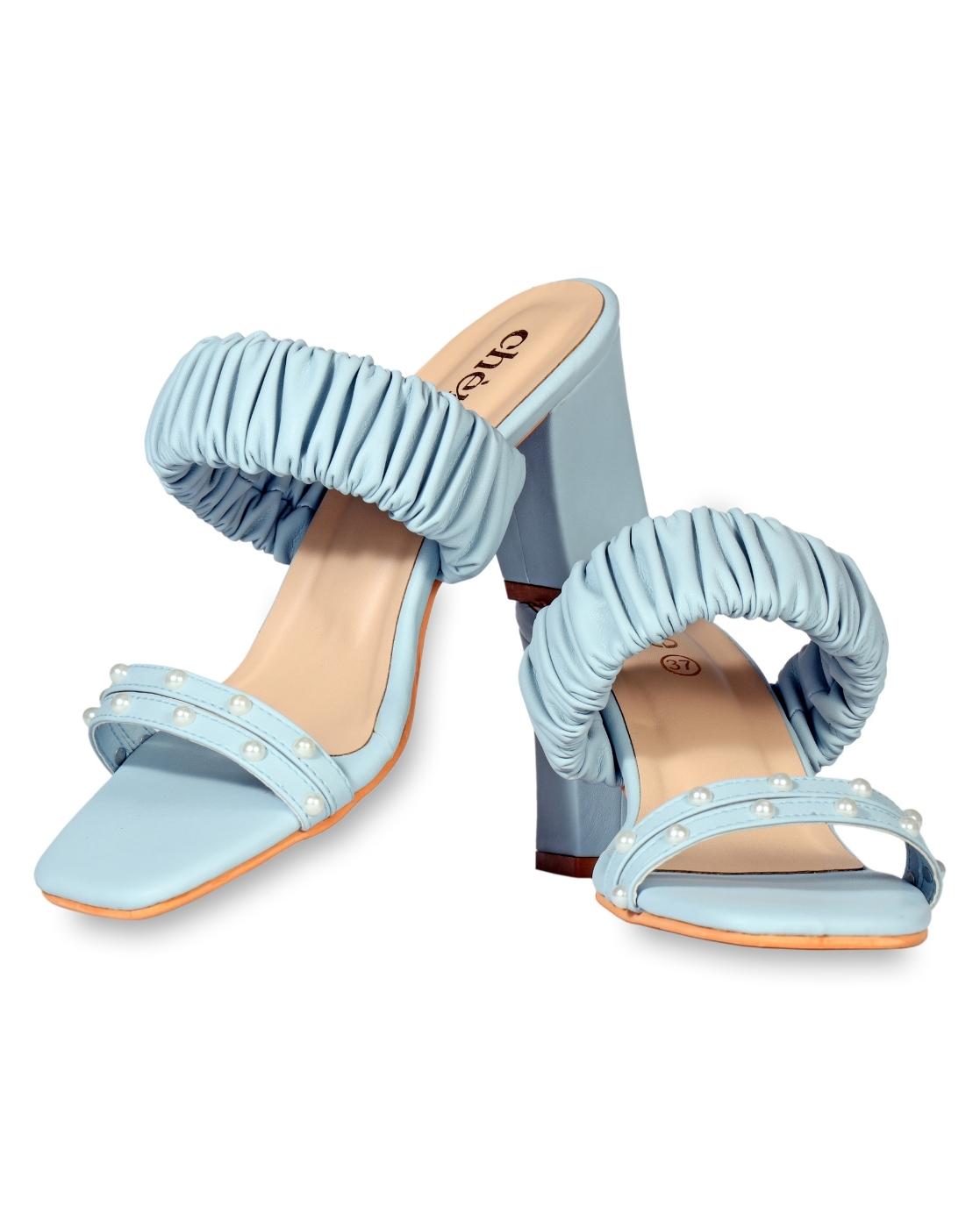 Pastel Blue Pearl Strap Block Heels for ladies