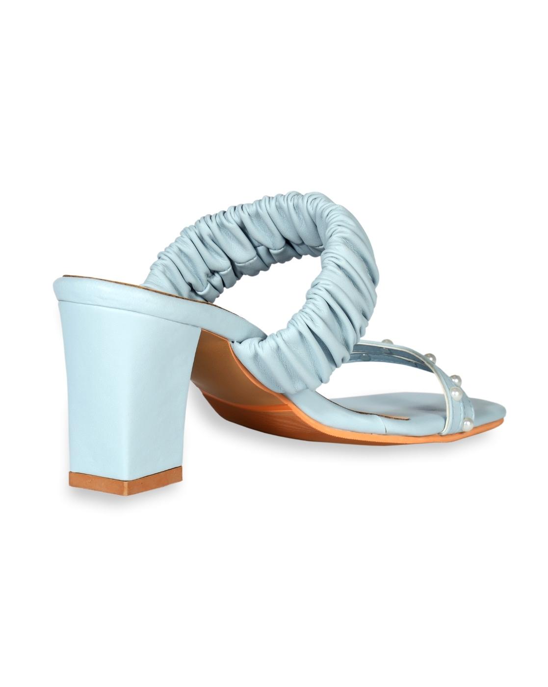 Pastel Blue Pearl Strap Block Heels for women