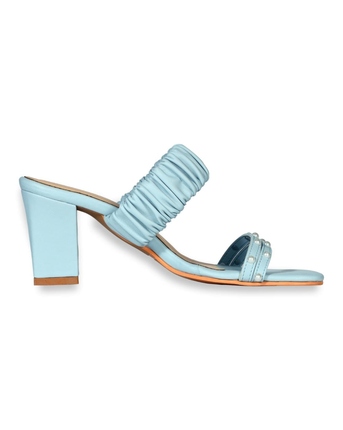 Pastel Blue Pearl Strap Block Heels for women