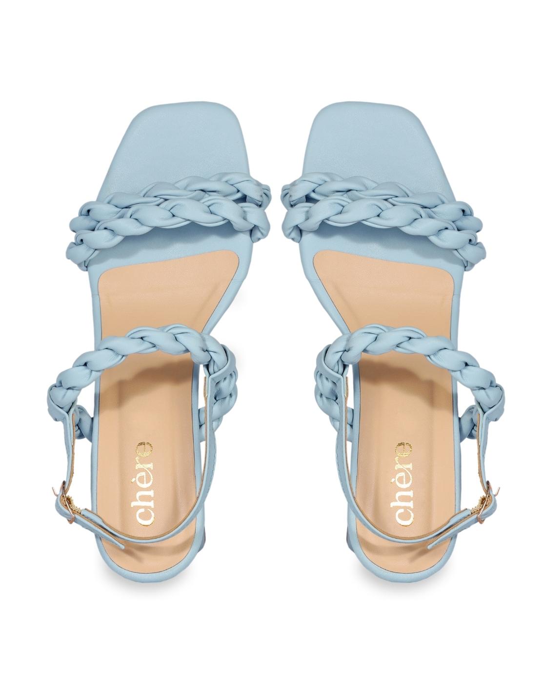 Pastel Blue Weaving Strap Chunky Block Heels for women