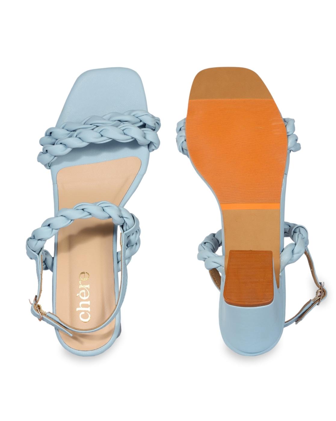 Pastel Blue Weaving Strap Chunky Block Heels for women