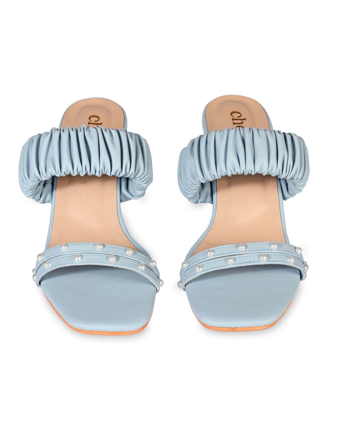 Women's Pastel Blue Pearl Strap Block Heels